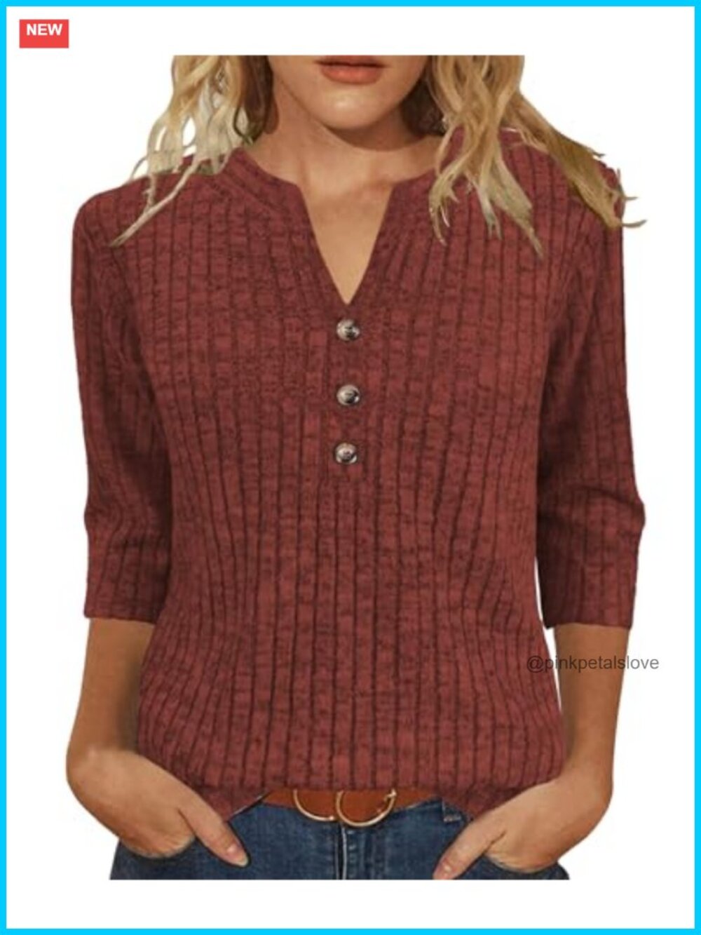 Womens 3/4 Sleeve V-Neck Henley Sweater Knit Top Casual Fall Winter
